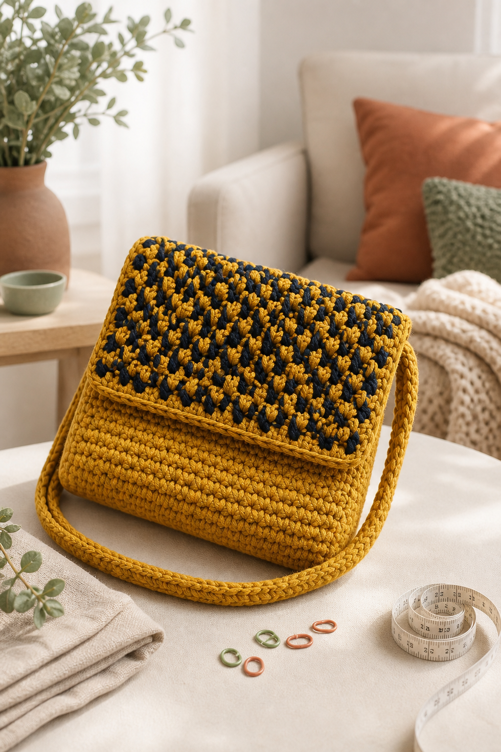 crochet oversized flap bag ideas: puff-texture shoulder bag in an original editorial composition