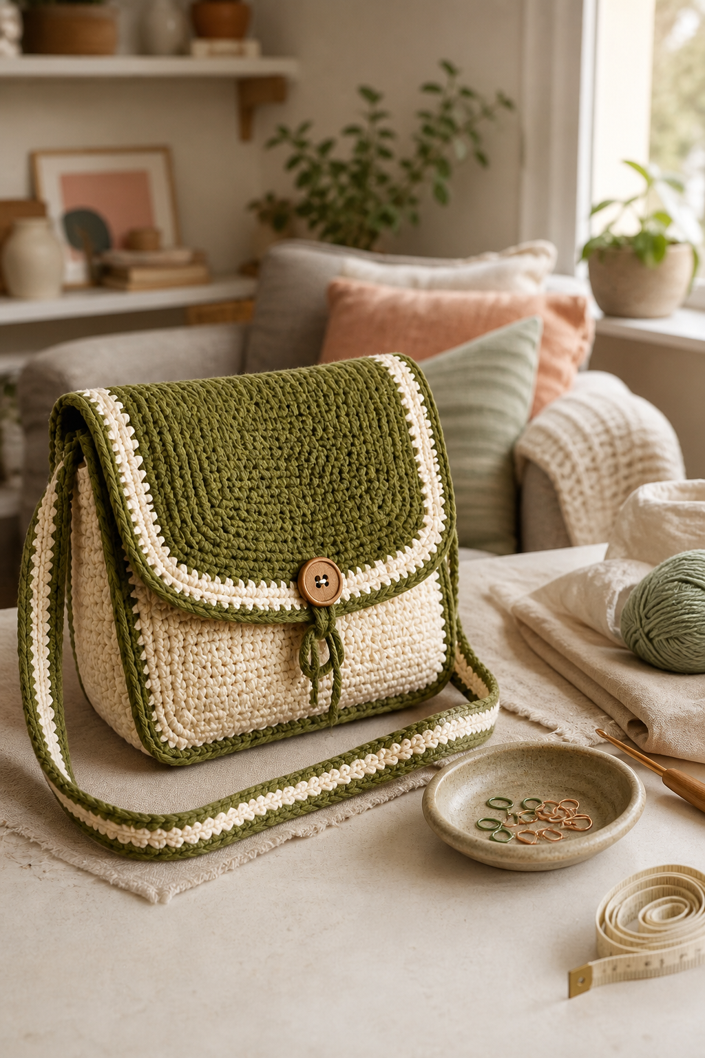 crochet oversized flap bag ideas: classic over-the-shoulder messenger in an original editorial composition
