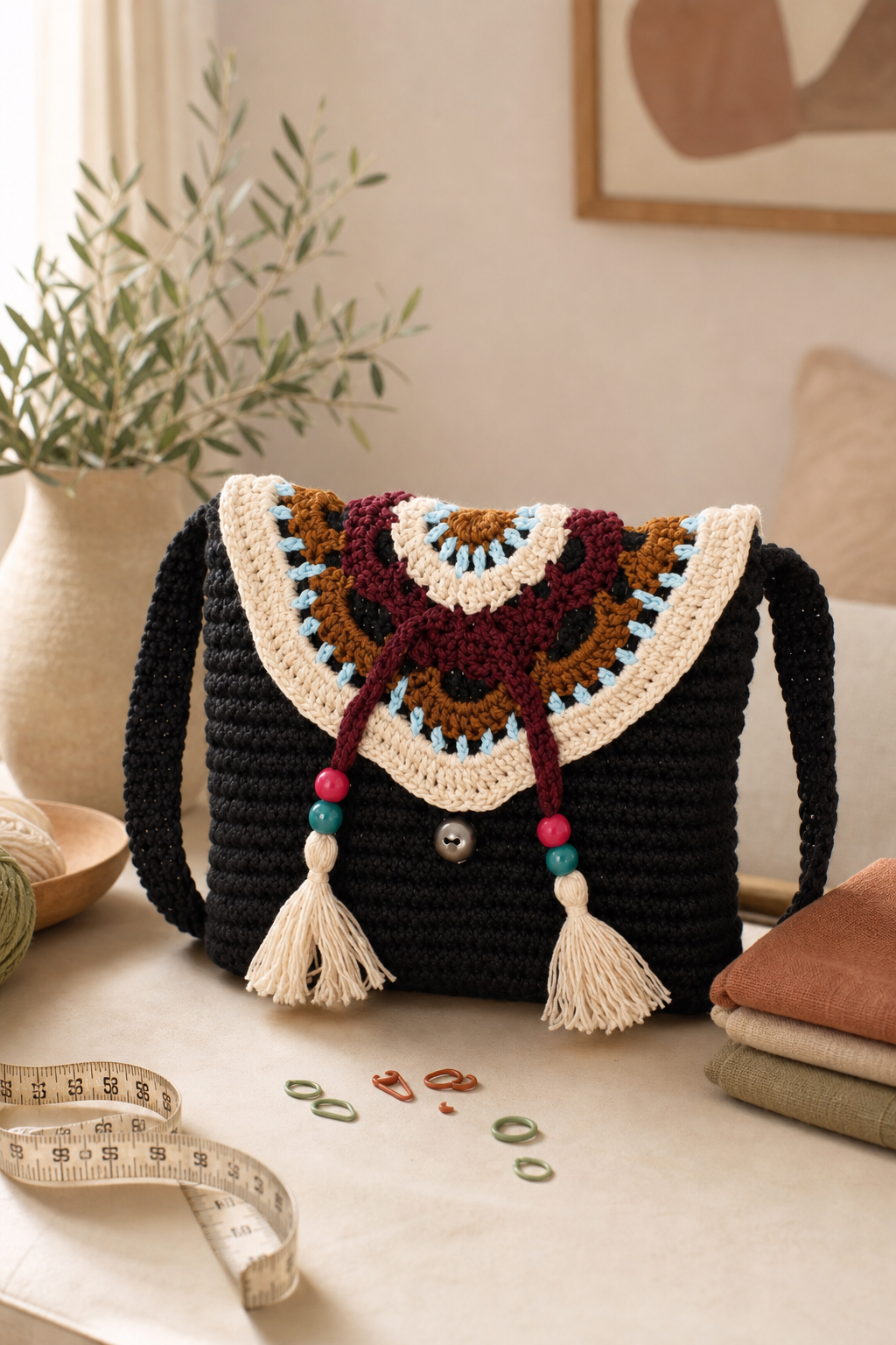 crochet oversized flap bag ideas: decorative boho crossbody in an original editorial composition