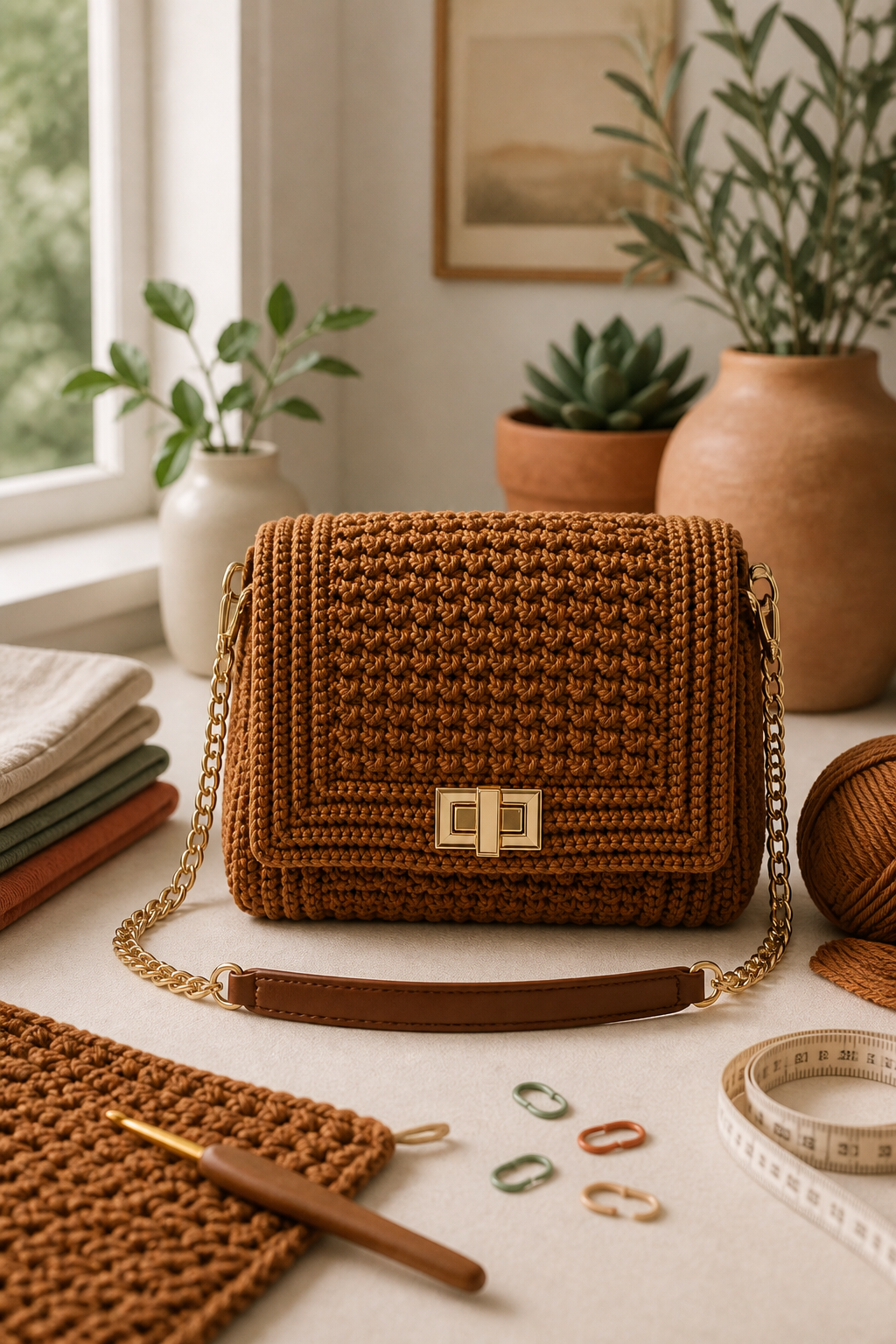 crochet oversized flap bag ideas: chain-strap structured satchel in an original editorial composition