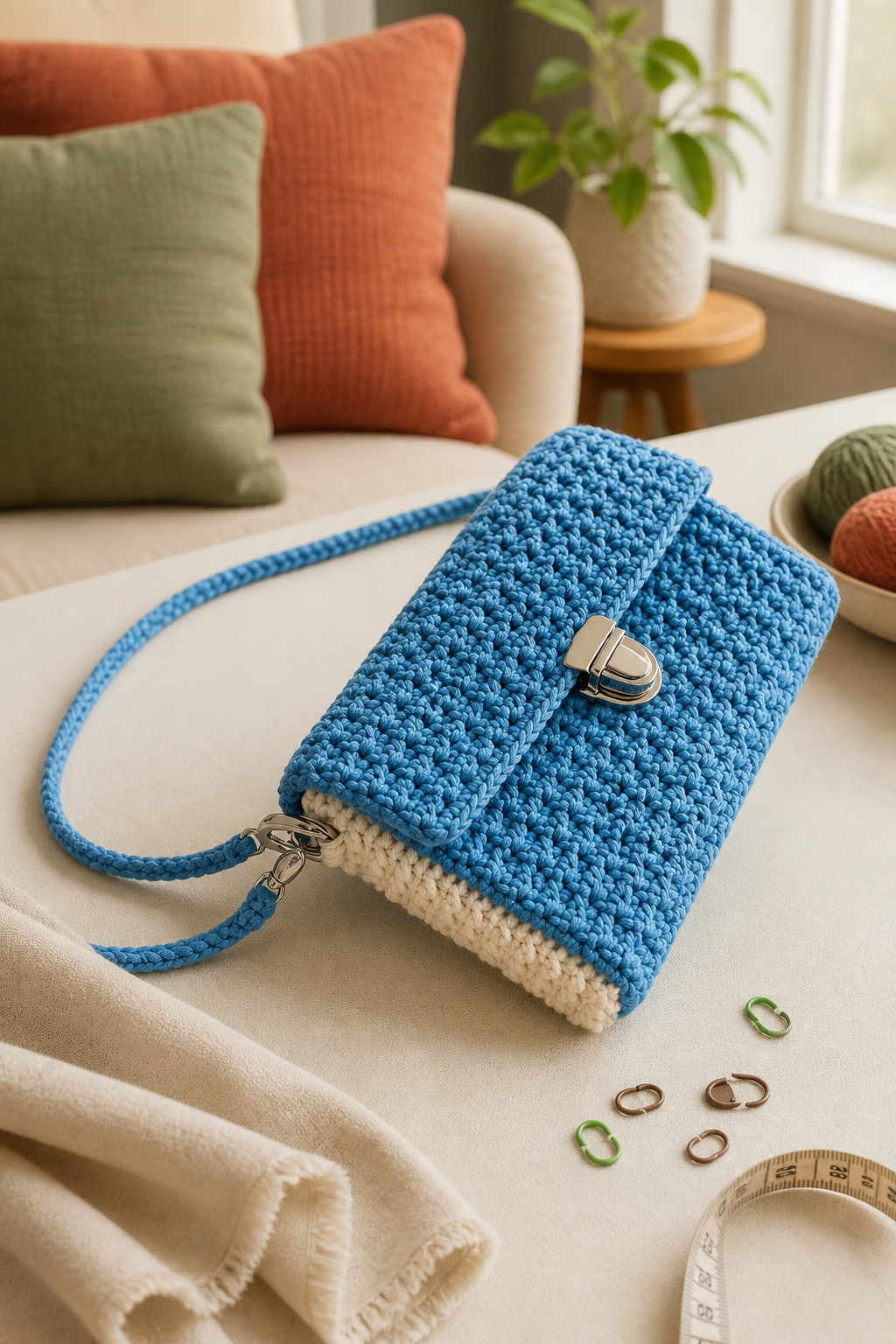 crochet oversized flap bag ideas: lined compartment flap bag in an original editorial composition