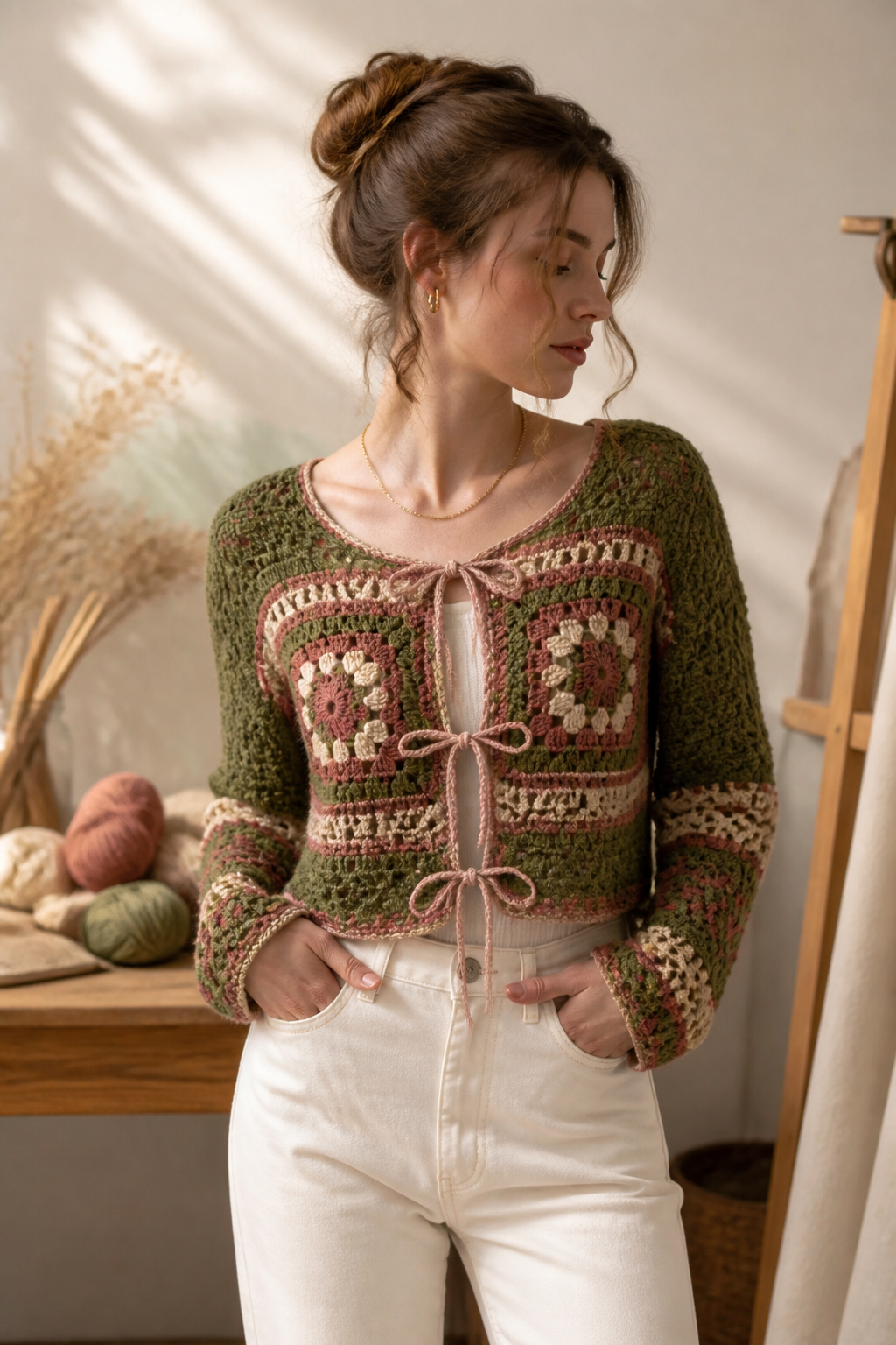 crochet embellished cardigan ideas: bow-tie cropped cardigan in an original editorial composition