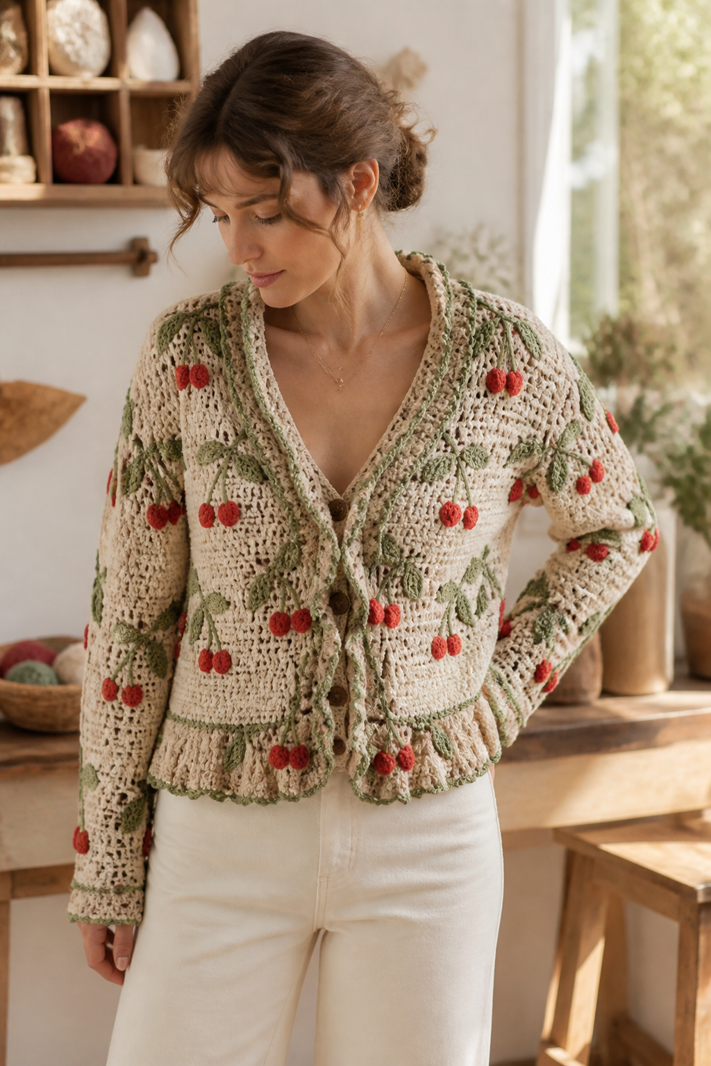 crochet embellished cardigan ideas: cherry-vine ruffle cardigan in an original editorial composition