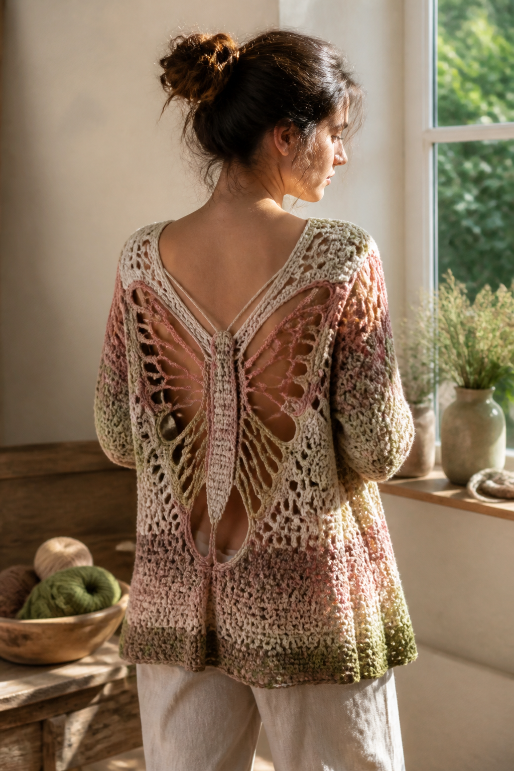crochet embellished cardigan ideas: butterfly back graphic cardigan in an original editorial composition