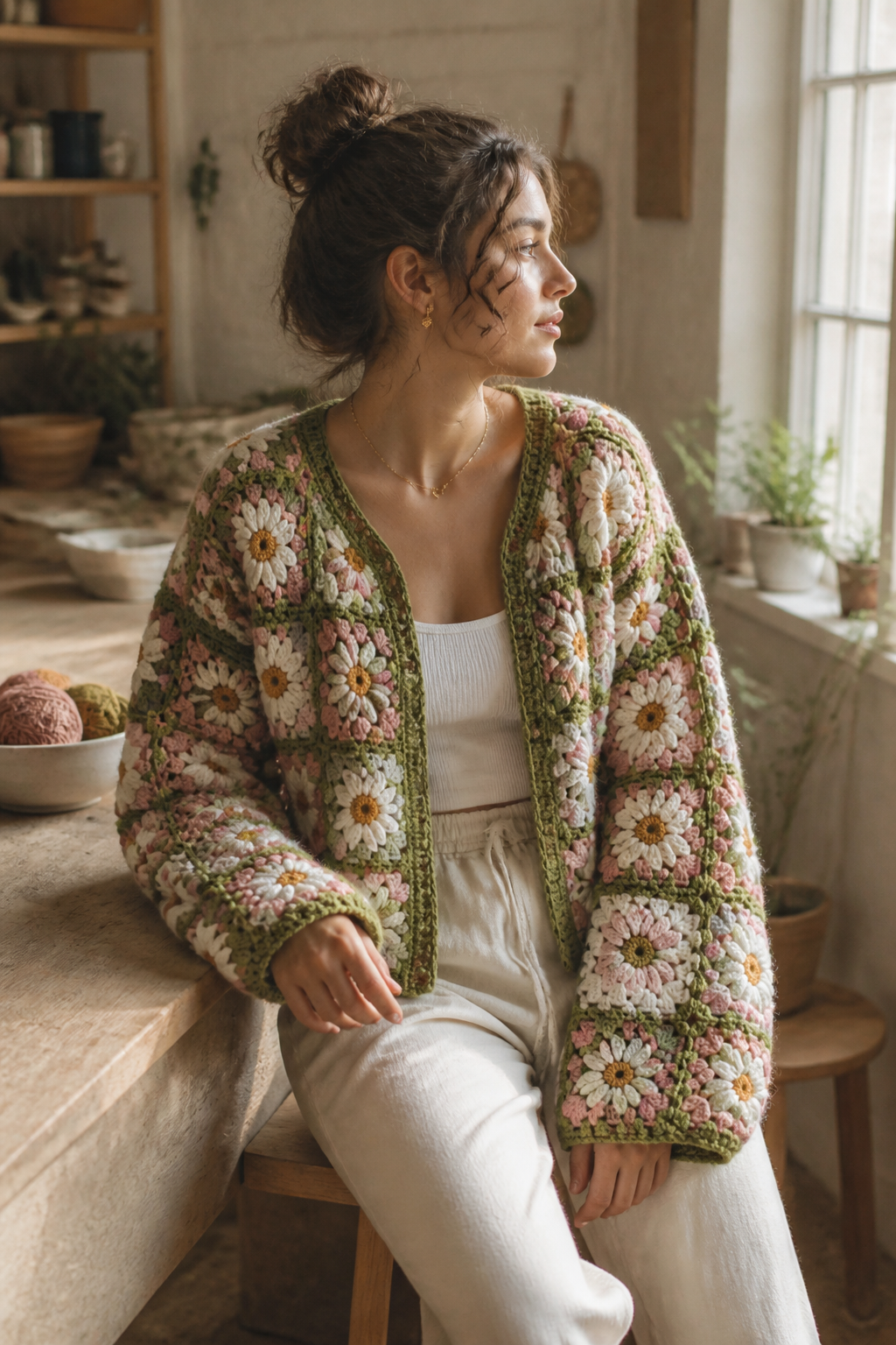 crochet embellished cardigan ideas: chunky daisy granny-square cardigan in an original editorial composition