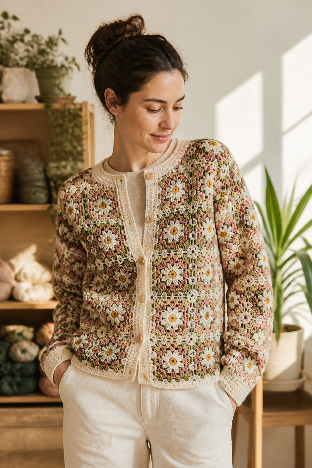 crochet embellished cardigan ideas: daisy colorwork cardigan in an original editorial composition