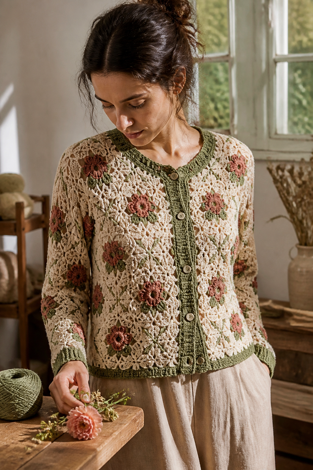 crochet embellished cardigan ideas: flower-lace button cardigan in an original editorial composition