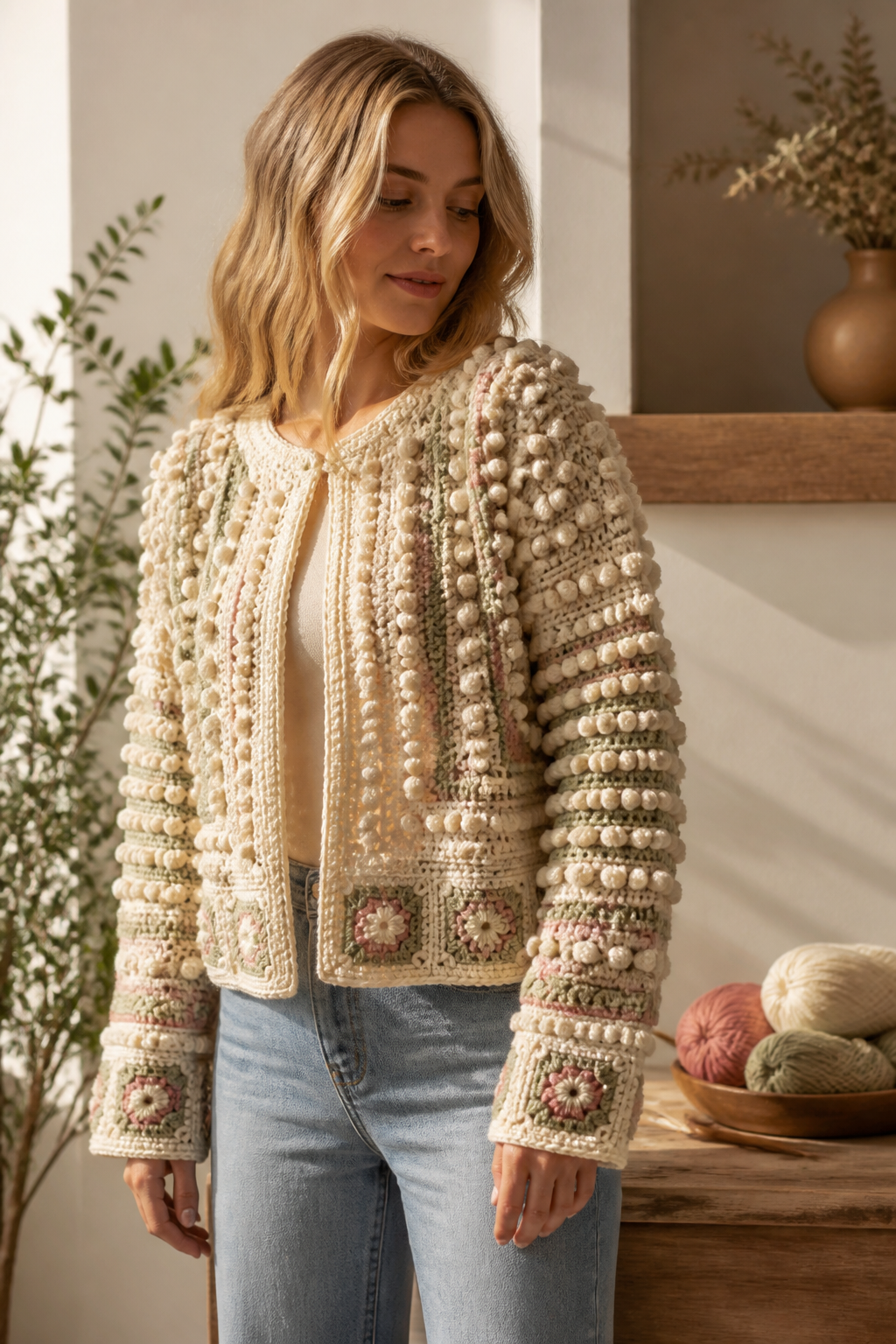 crochet embellished cardigan ideas: long bobble snow cardigan in an original editorial composition