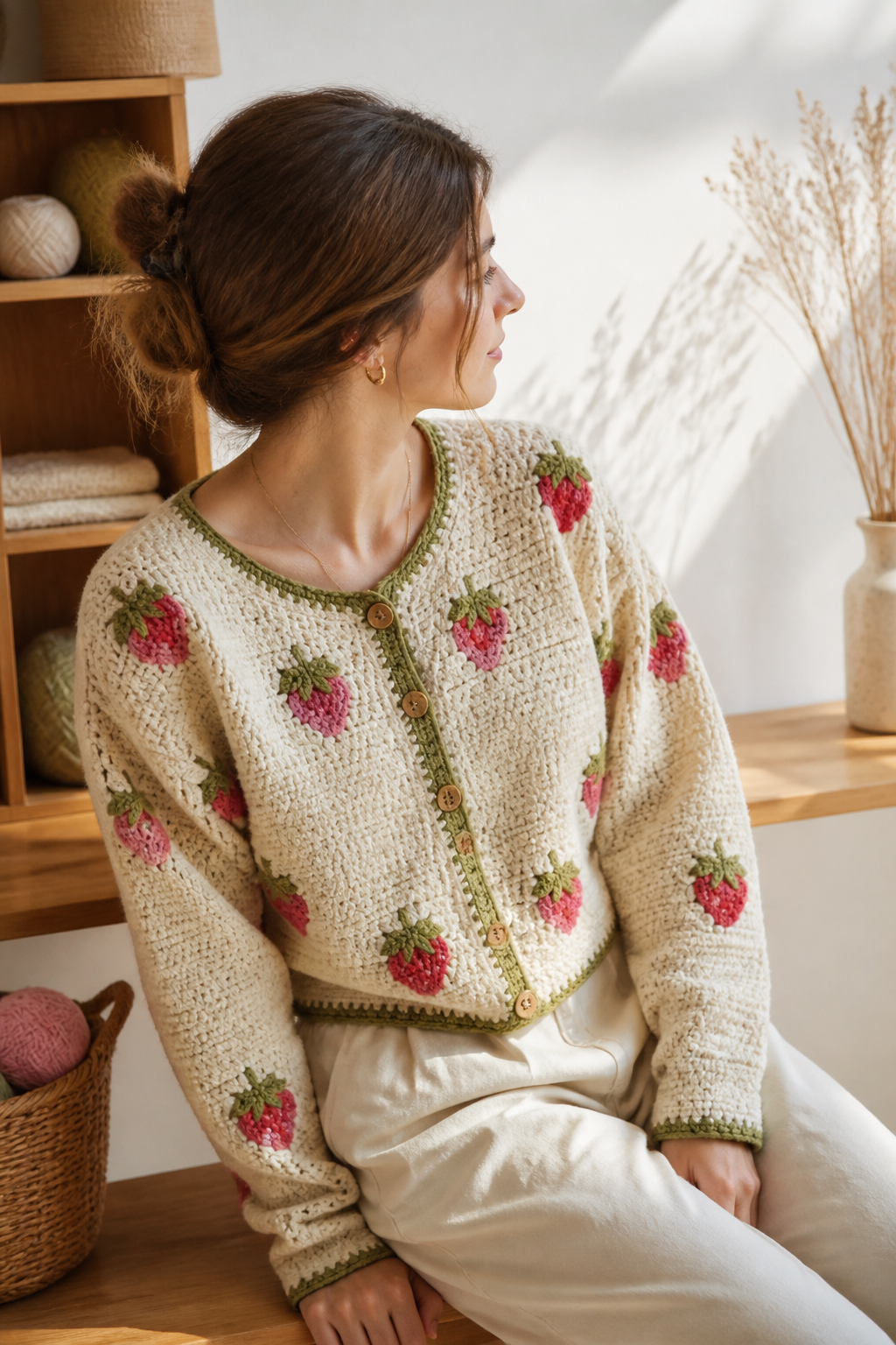 crochet embellished cardigan ideas: strawberry-detail cardigan in an original editorial composition