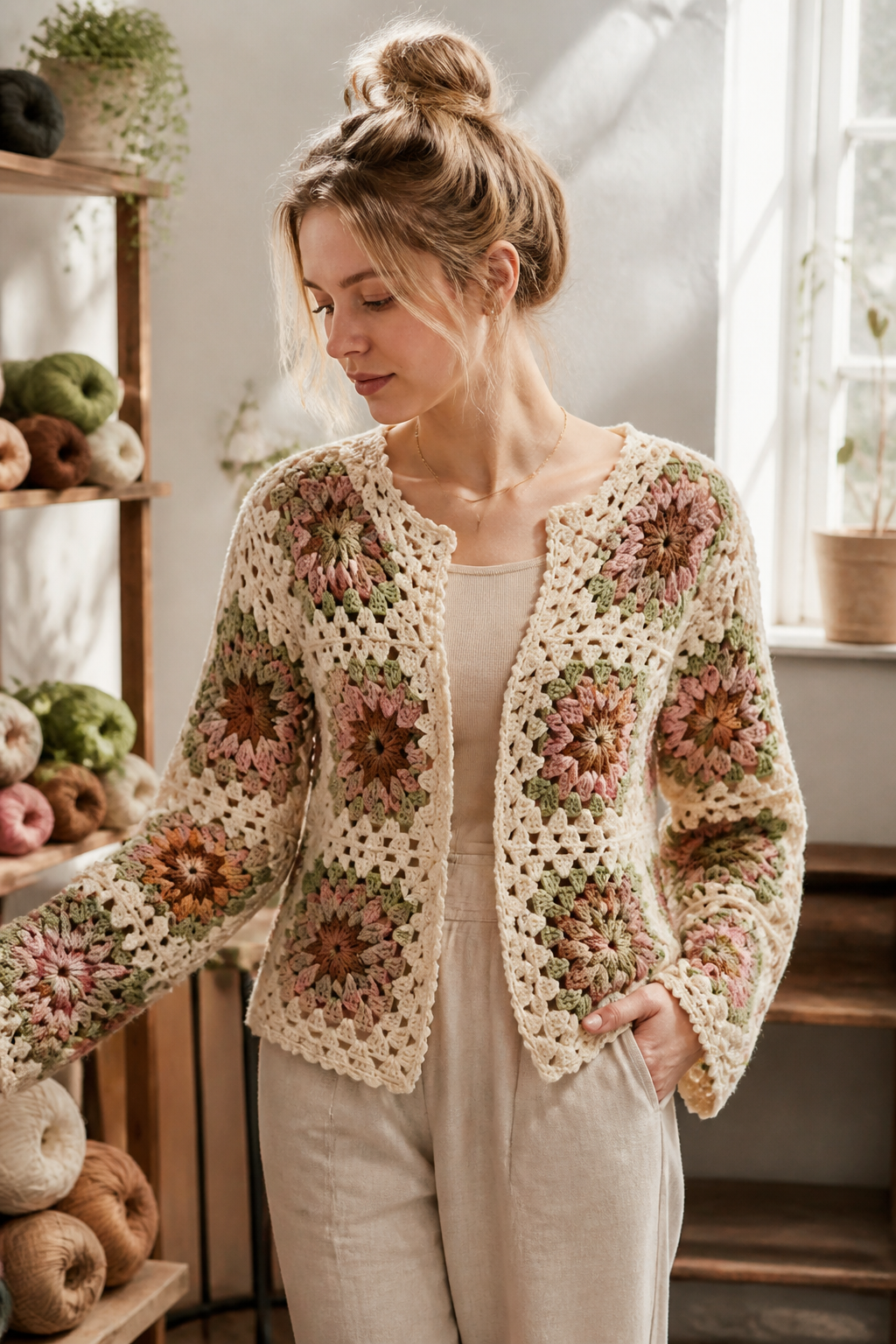 crochet embellished cardigan ideas: starburst motif cardigan in an original editorial composition