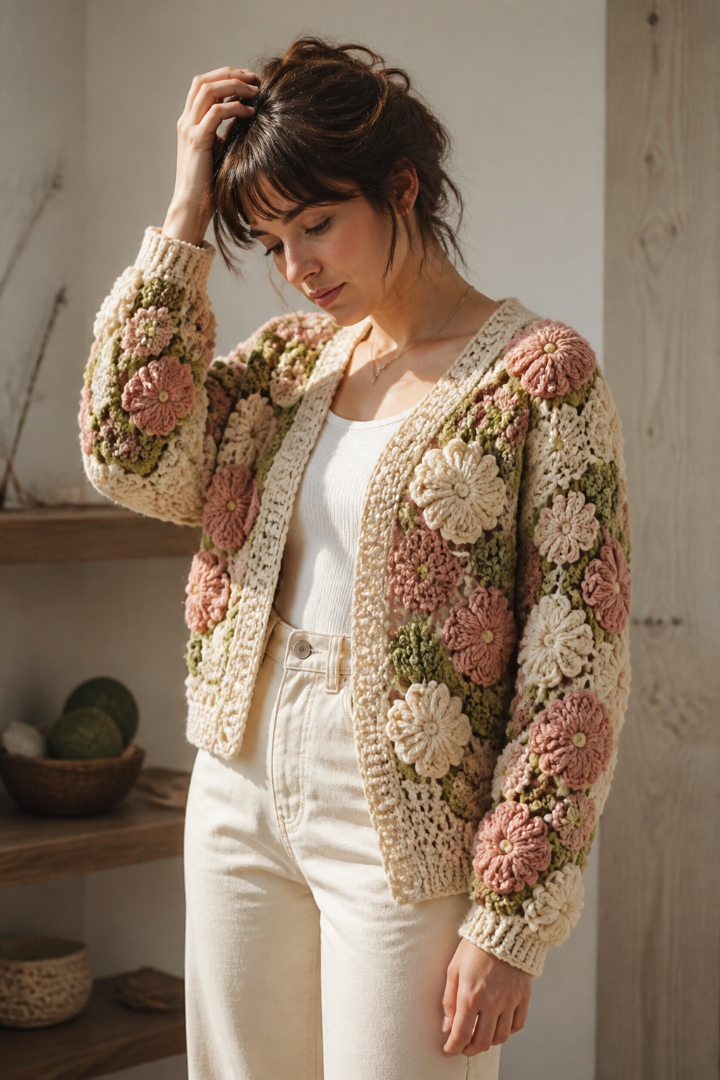 crochet embellished cardigan ideas: puffy-flower statement cardigan in an original editorial composition