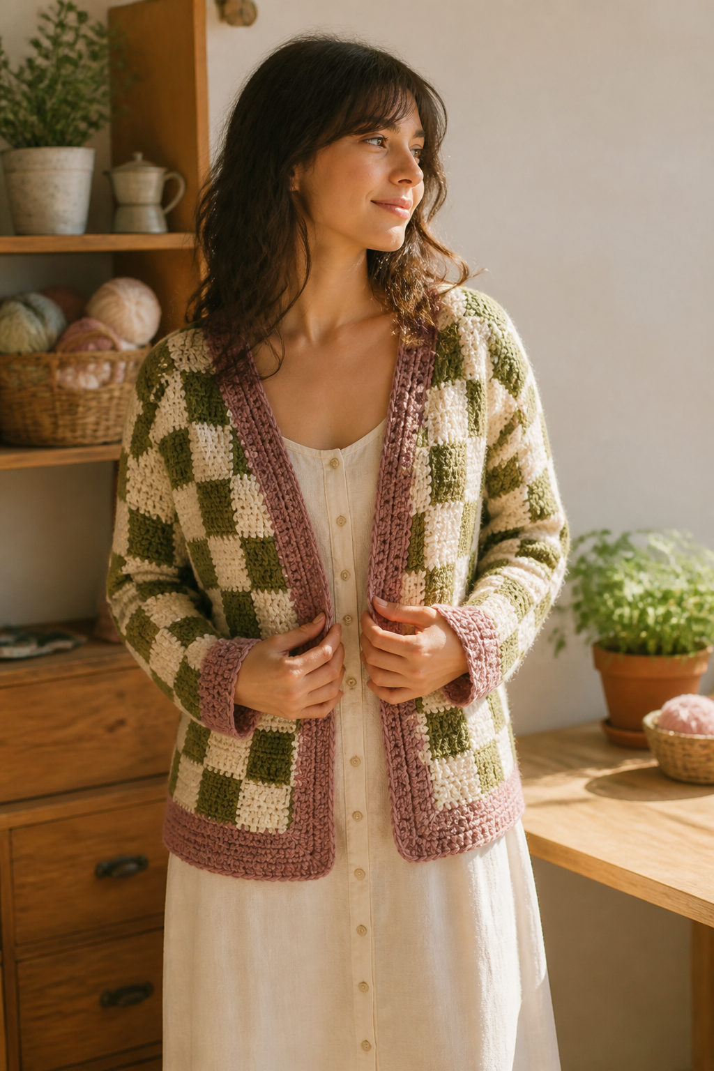 crochet embellished cardigan ideas: checkerboard accent cardigan in an original editorial composition