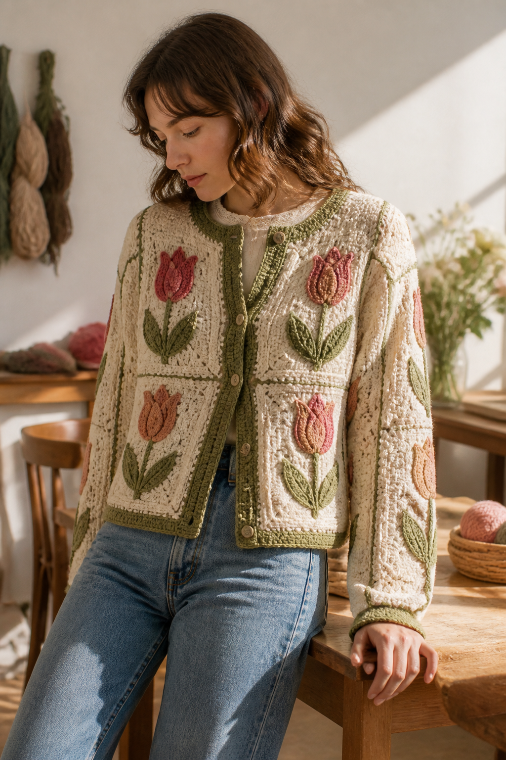 crochet embellished cardigan ideas: tulip-panel cardigan in an original editorial composition