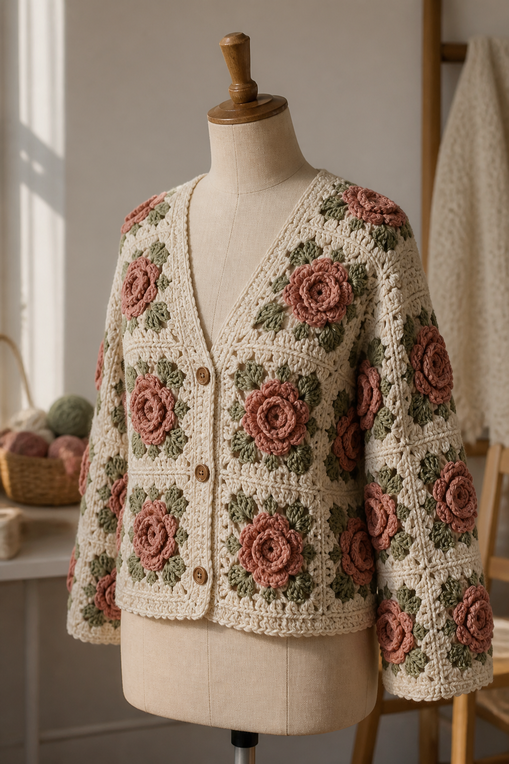 crochet embellished cardigan ideas: woven-rose cardigan in an original editorial composition