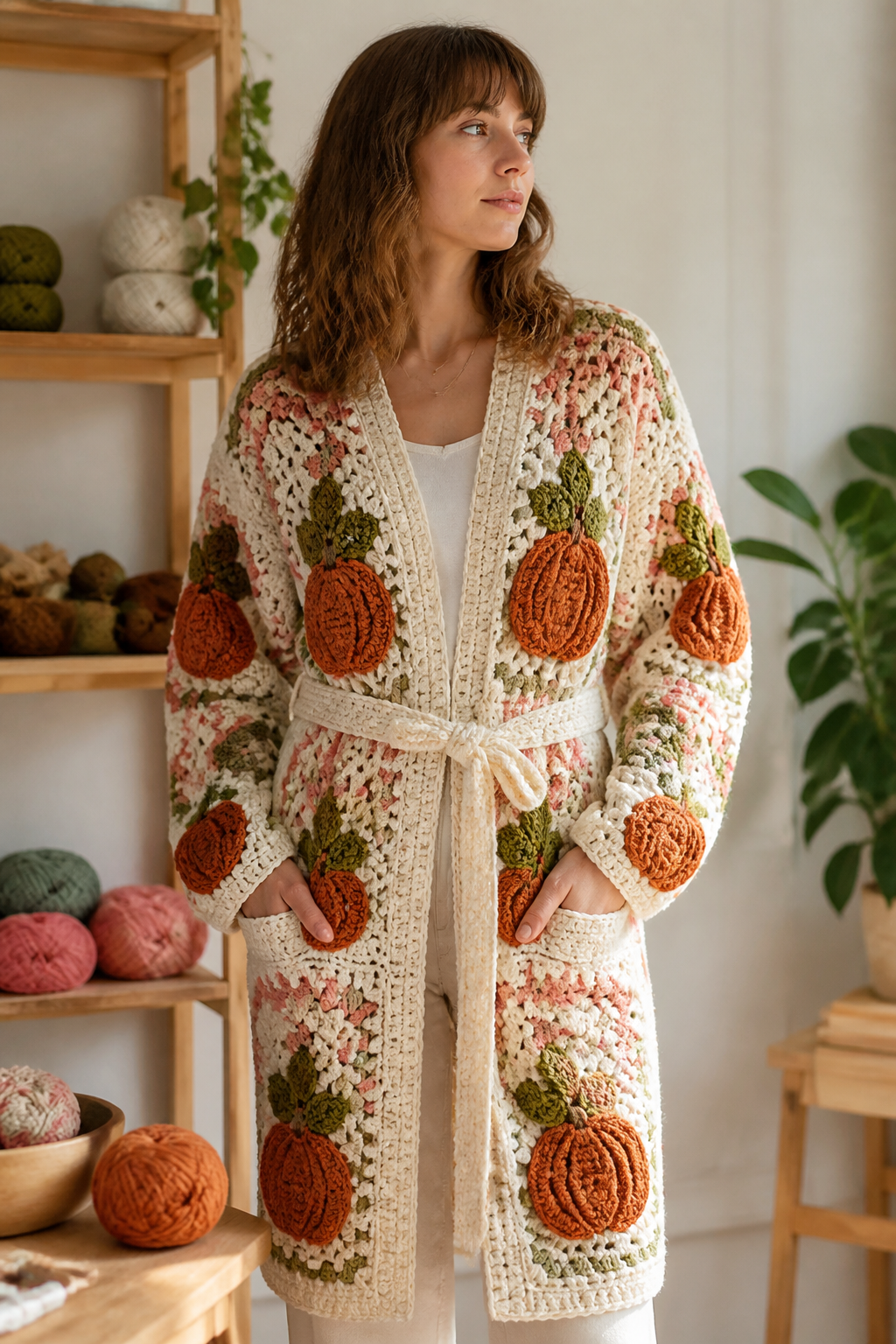 crochet embellished cardigan ideas: pumpkin-mosaic belted cardigan in an original editorial composition