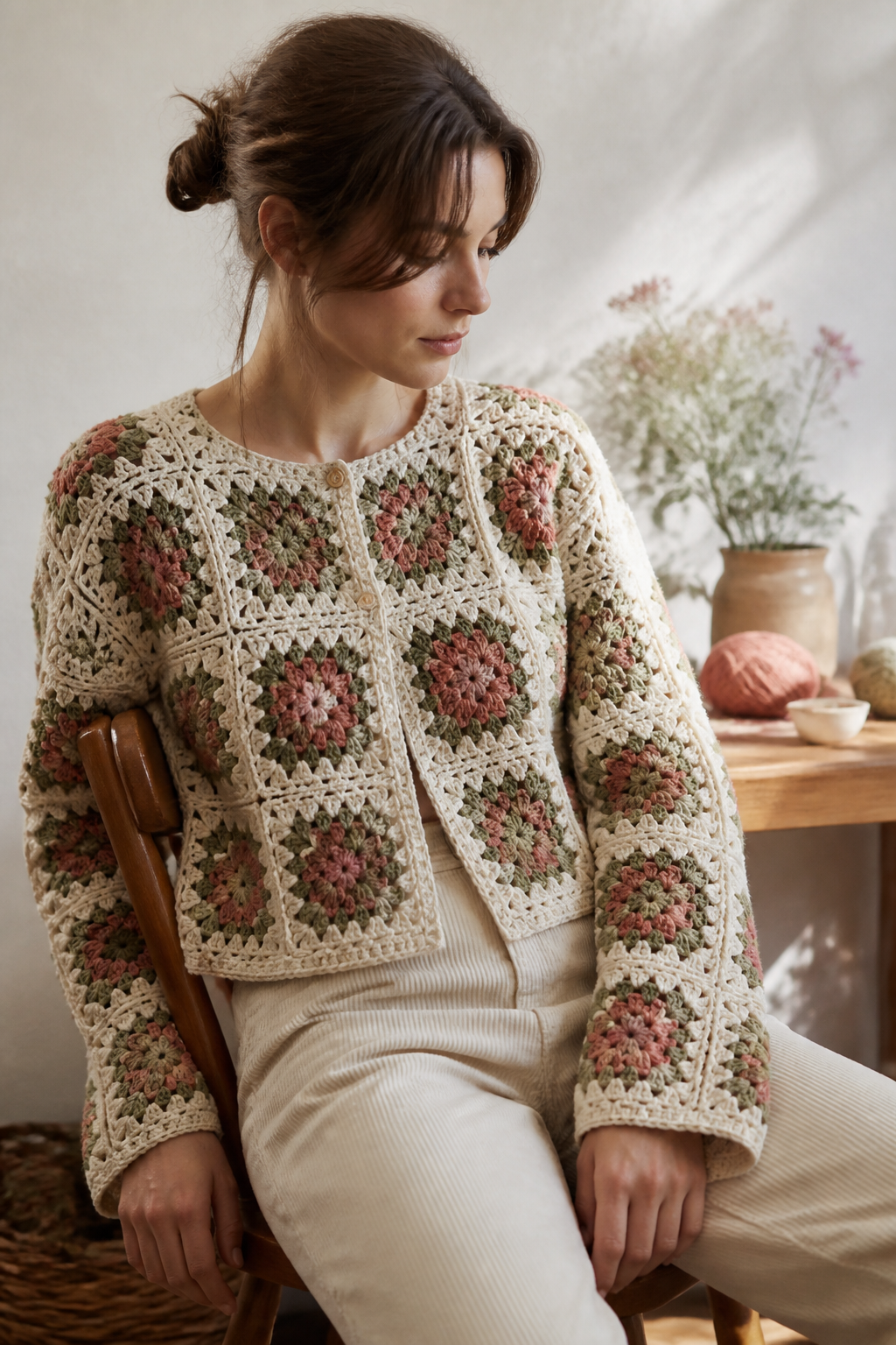 crochet embellished cardigan ideas: wildflower granny-square cardigan in an original editorial composition