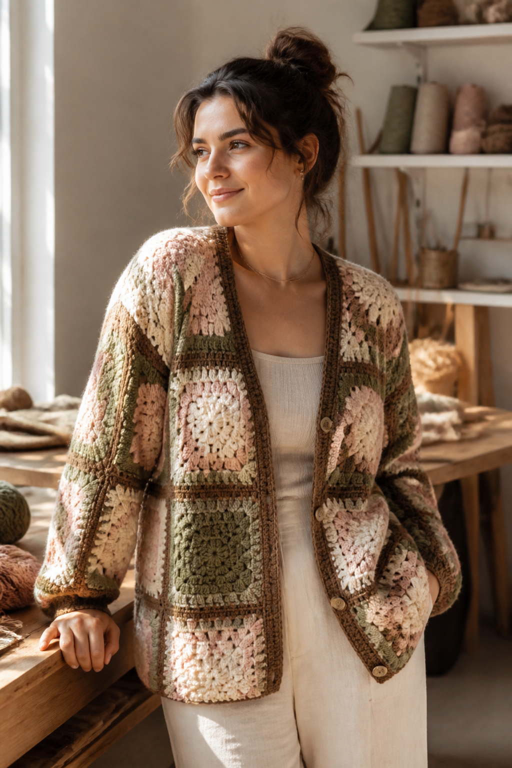 crochet embellished cardigan ideas: patchwork-block cardigan in an original editorial composition