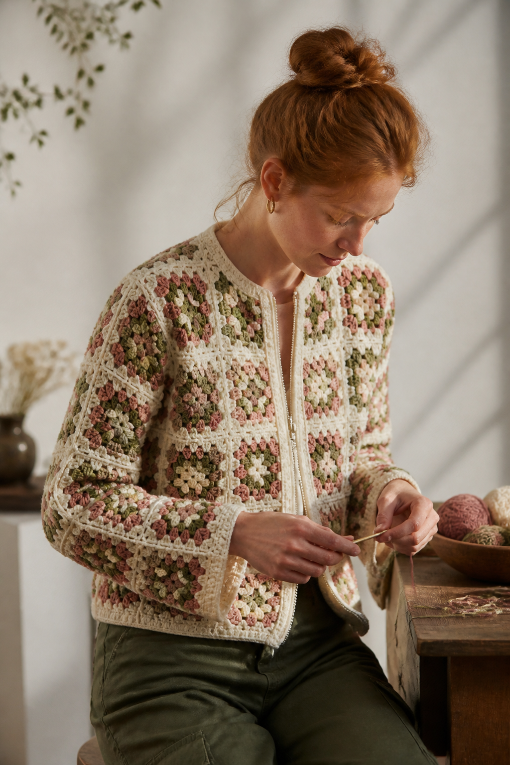 crochet embellished cardigan ideas: zippered granny-square cardigan in an original editorial composition