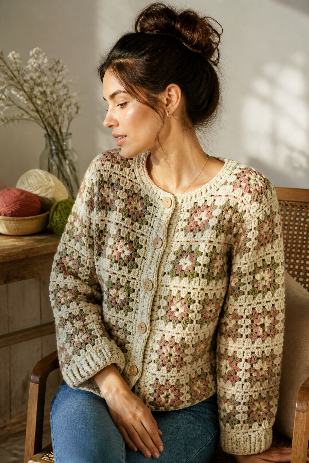crochet embellished cardigan ideas: flower-stitch button cardigan in an original editorial composition