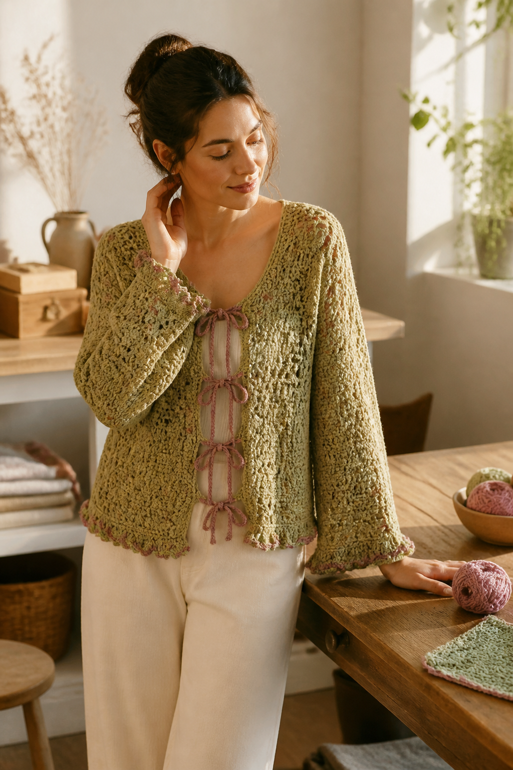 crochet embellished cardigan ideas: suzette ruffle-tie cardigan in an original editorial composition