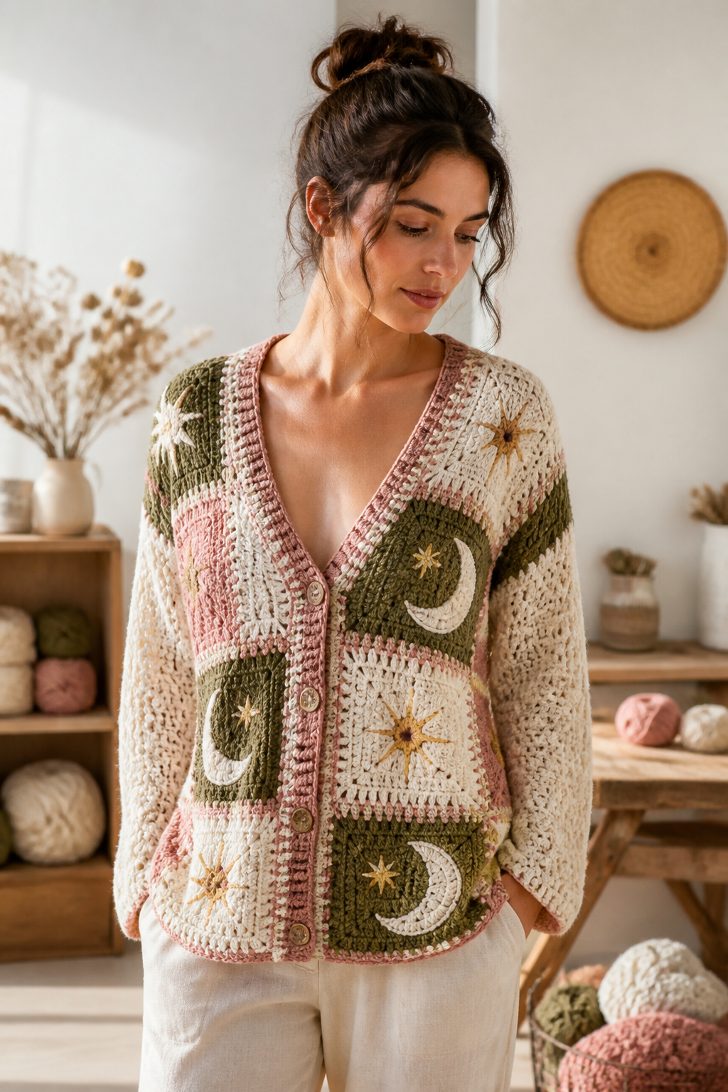 crochet embellished cardigan ideas: celestial star-and-moon cardigan in an original editorial composition