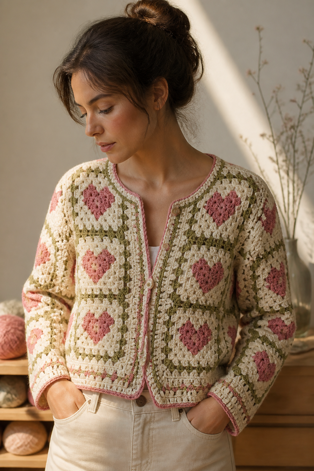 crochet embellished cardigan ideas: no-sew heart granny cardigan in an original editorial composition