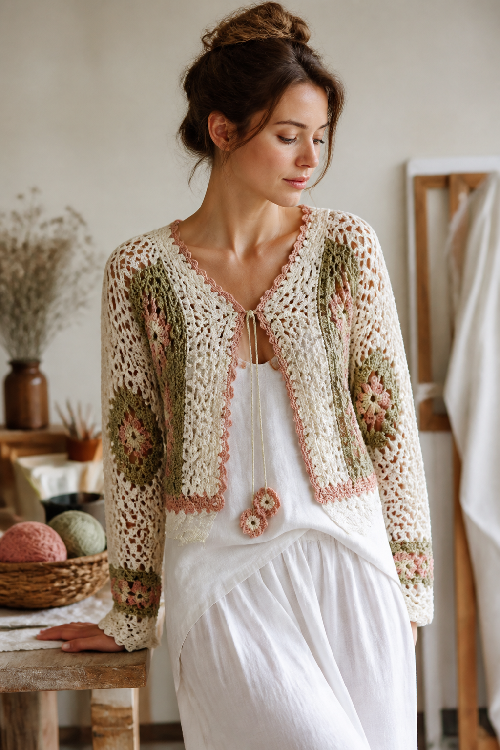 crochet embellished cardigan ideas: garden-party lace cardigan in an original editorial composition