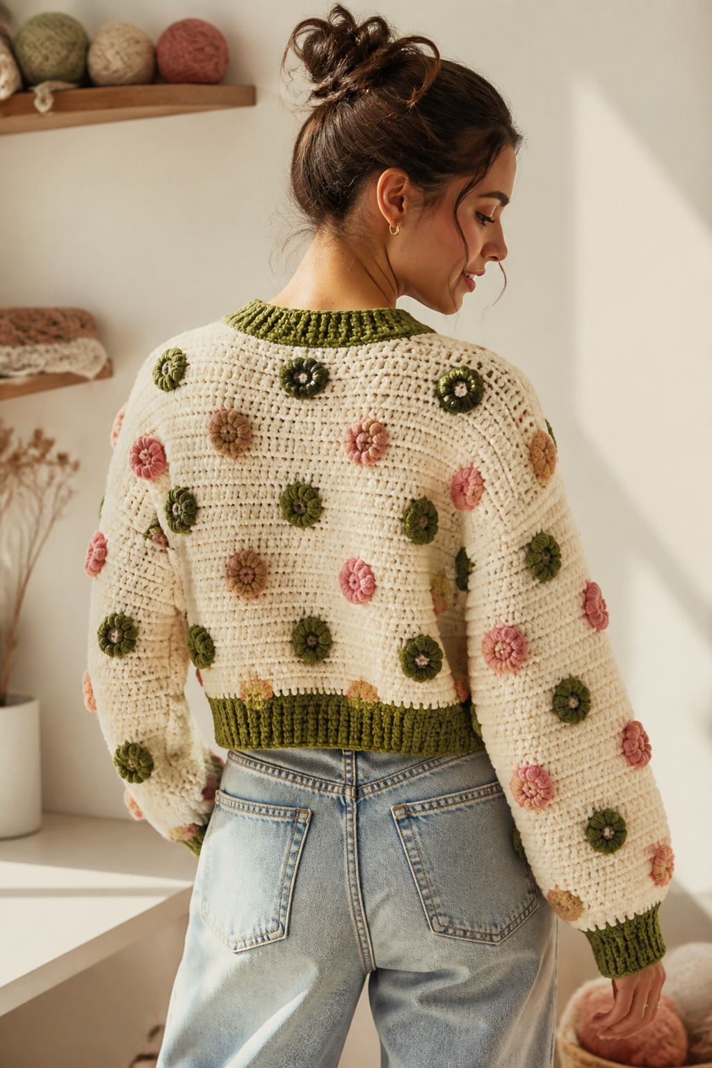 crochet embellished cardigan ideas: polka-dot bobble crop cardigan in an original editorial composition