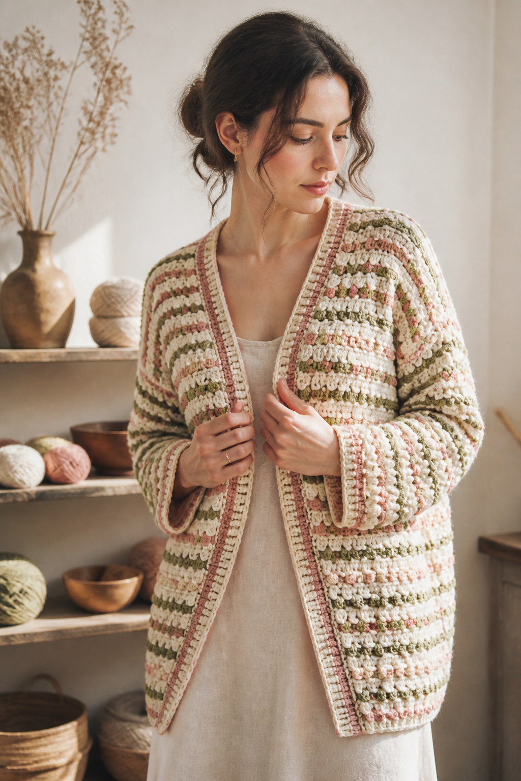 crochet embellished cardigan ideas: popcorn-stitch contrast cardigan in an original editorial composition