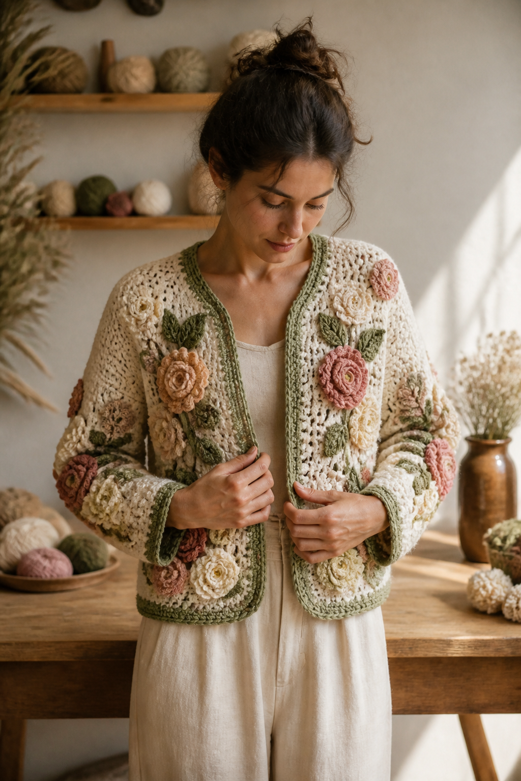 crochet embellished cardigan ideas in an original editorial composition