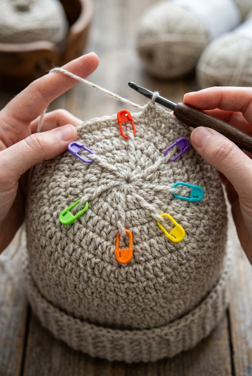 5. Precision Crown Decrease Shaping - cabled slouch hat crochet pattern