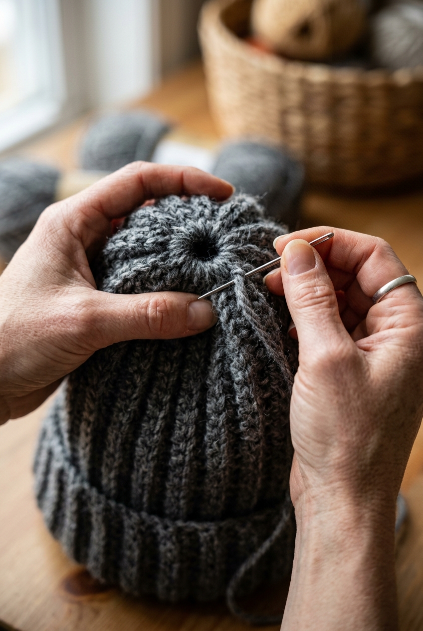 6. Cinching and Closing the Top - cabled slouch hat crochet pattern