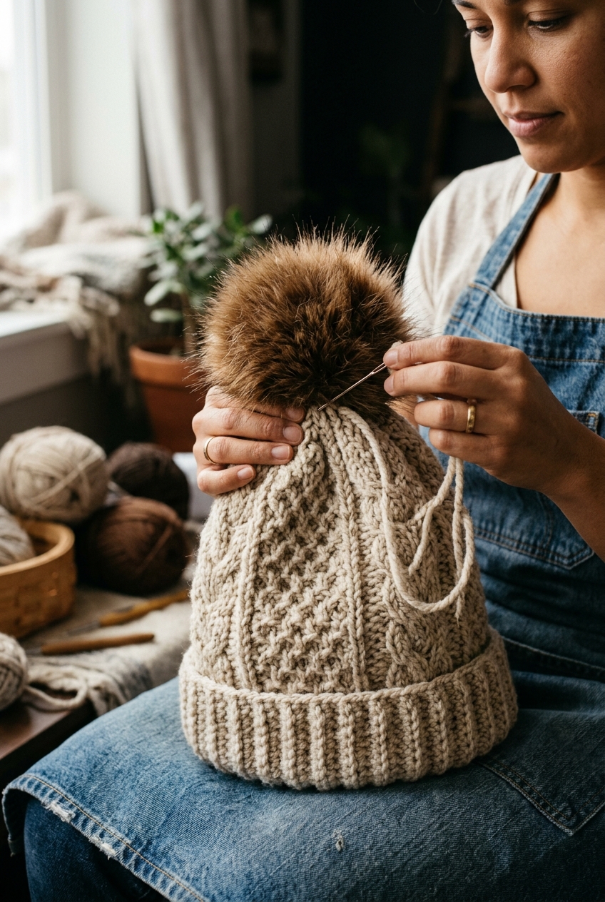 7. Attaching the Faux Fur Pom-Pom - cabled slouch hat crochet pattern