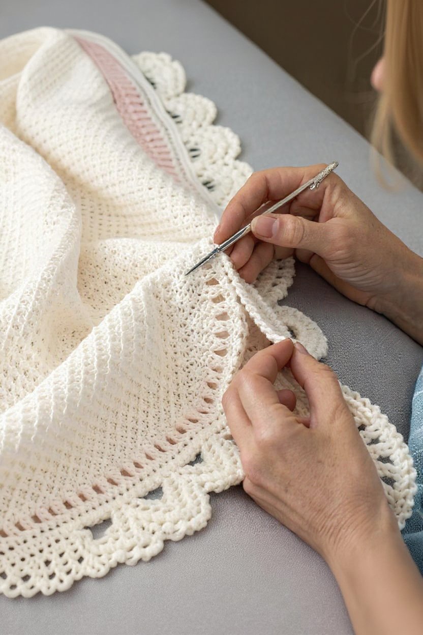8. Crocheting the Delicate Scalloped Border - crochet cotton blanket pattern