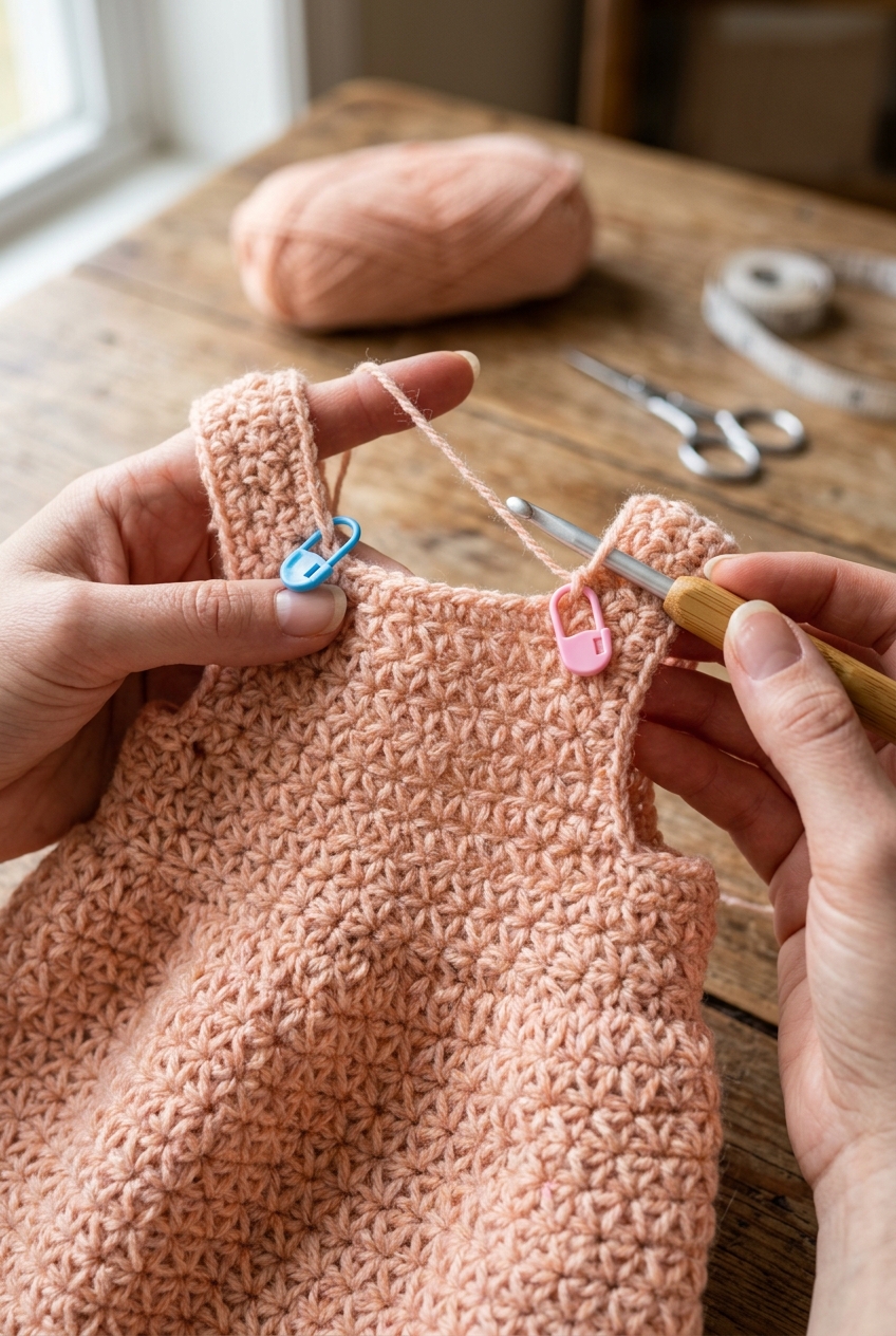 3. Dividing Stitches for Armhole Openings - eyelet baby dress crochet pattern