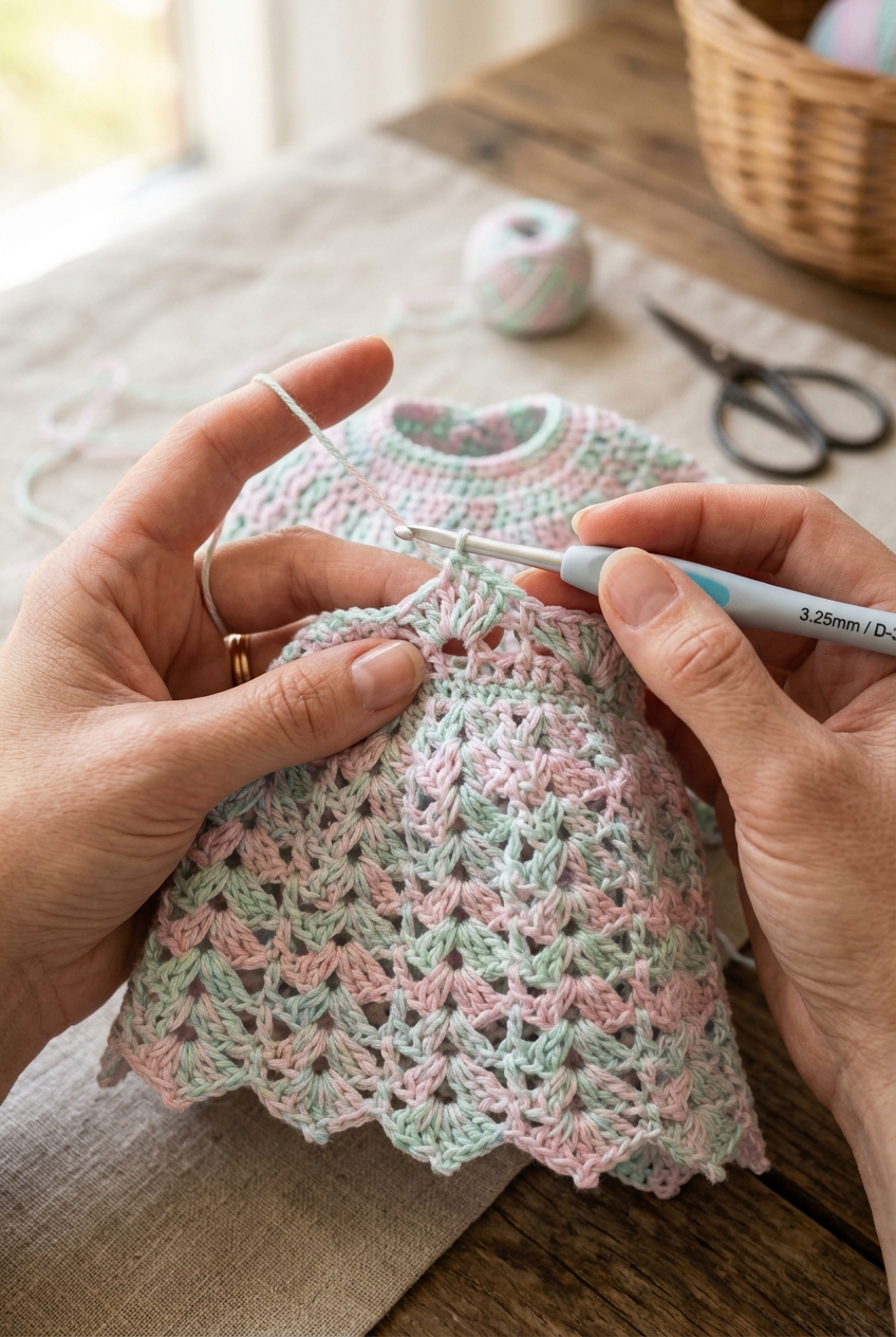 4. Establishing the Flared Eyelet Skirt - eyelet baby dress crochet pattern