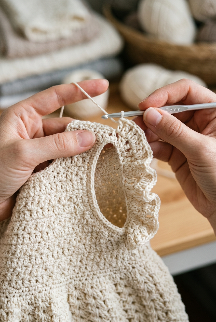 6. Adding Flutter Cap Sleeves - eyelet baby dress crochet pattern