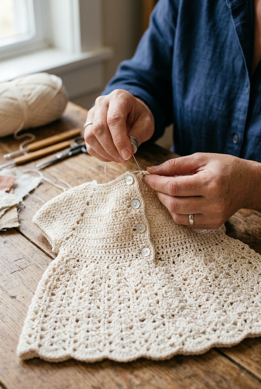 7. Attaching Back Neckline Buttons - eyelet baby dress crochet pattern