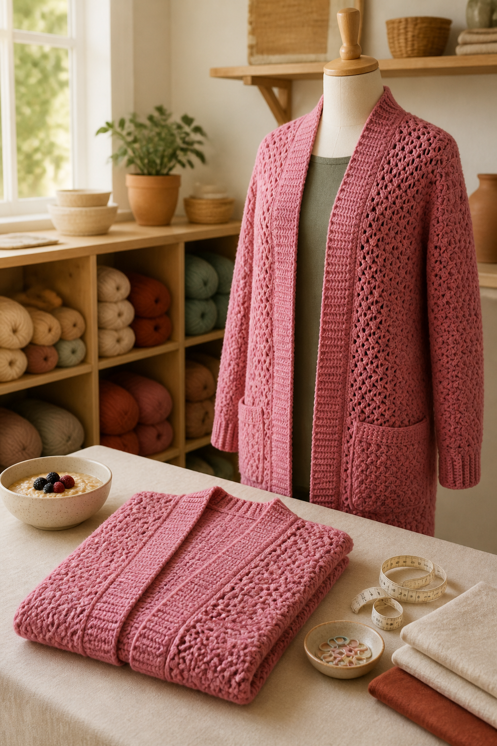 crochet long cardigan pattern: two wearable lengths in an original editorial composition