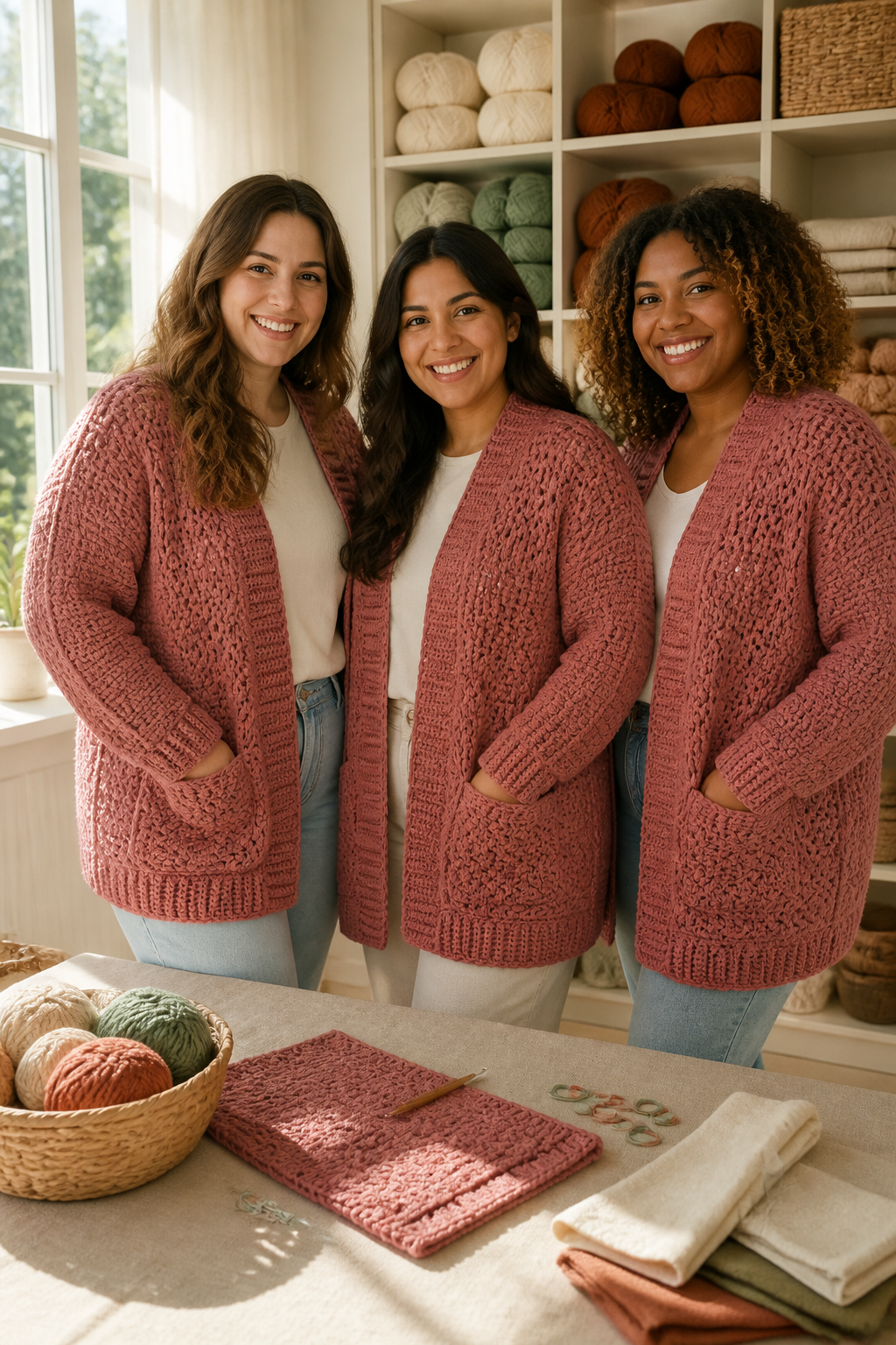 crochet long cardigan pattern: inclusive size range in an original editorial composition