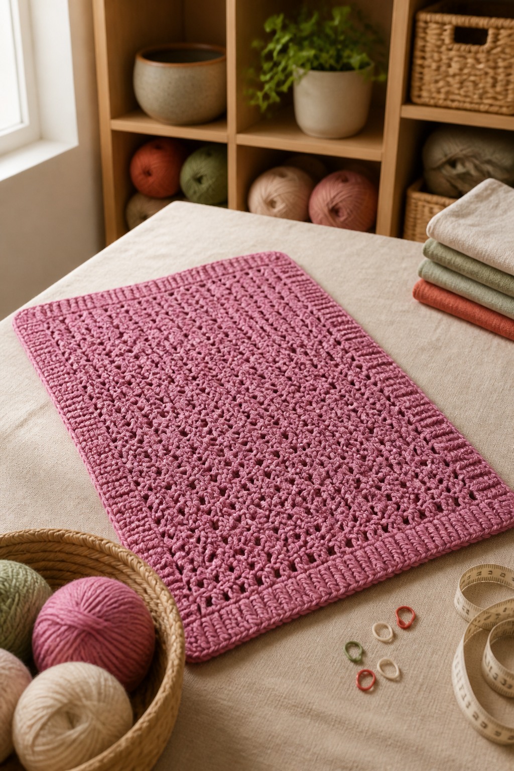 crochet long cardigan pattern: simple rectangular back in an original editorial composition