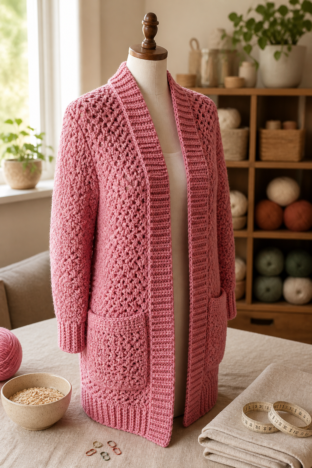 crochet long cardigan pattern: continuous front panels in an original editorial composition