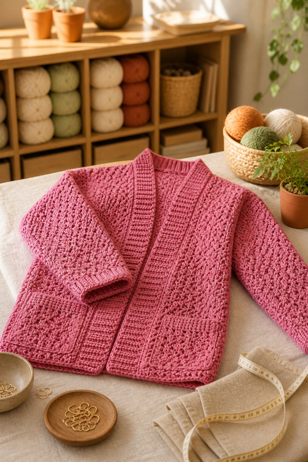 crochet long cardigan pattern: textured shd repeat in an original editorial composition