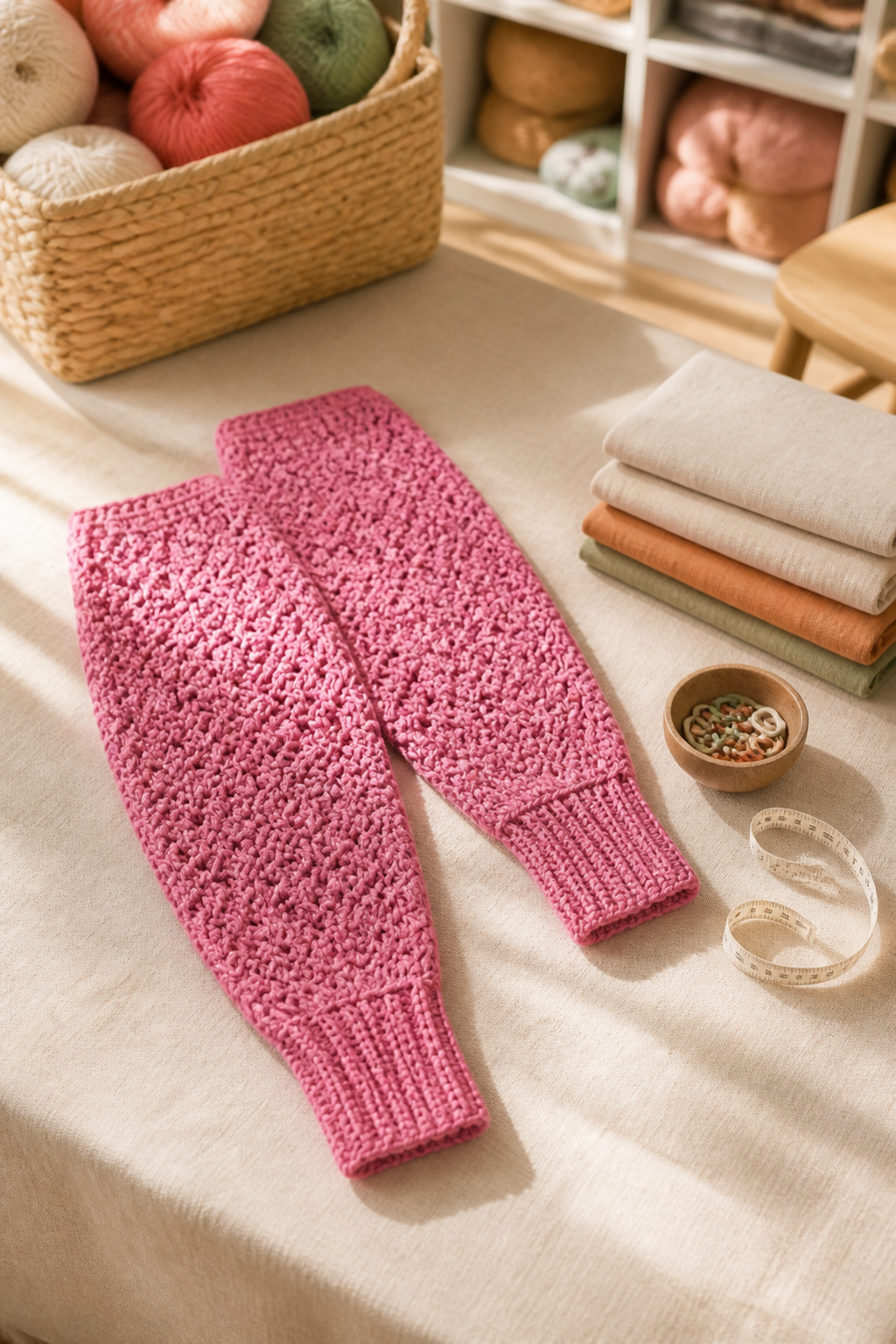 crochet long cardigan pattern: separate tapered sleeves in an original editorial composition