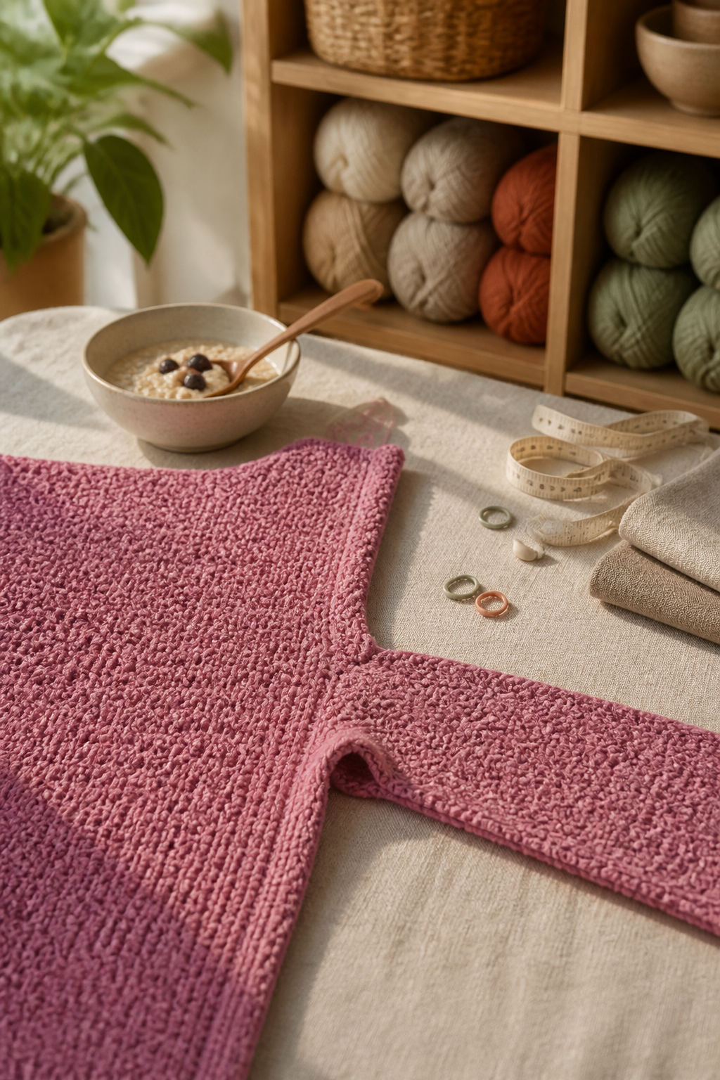 crochet long cardigan pattern: side and underarm seaming in an original editorial composition