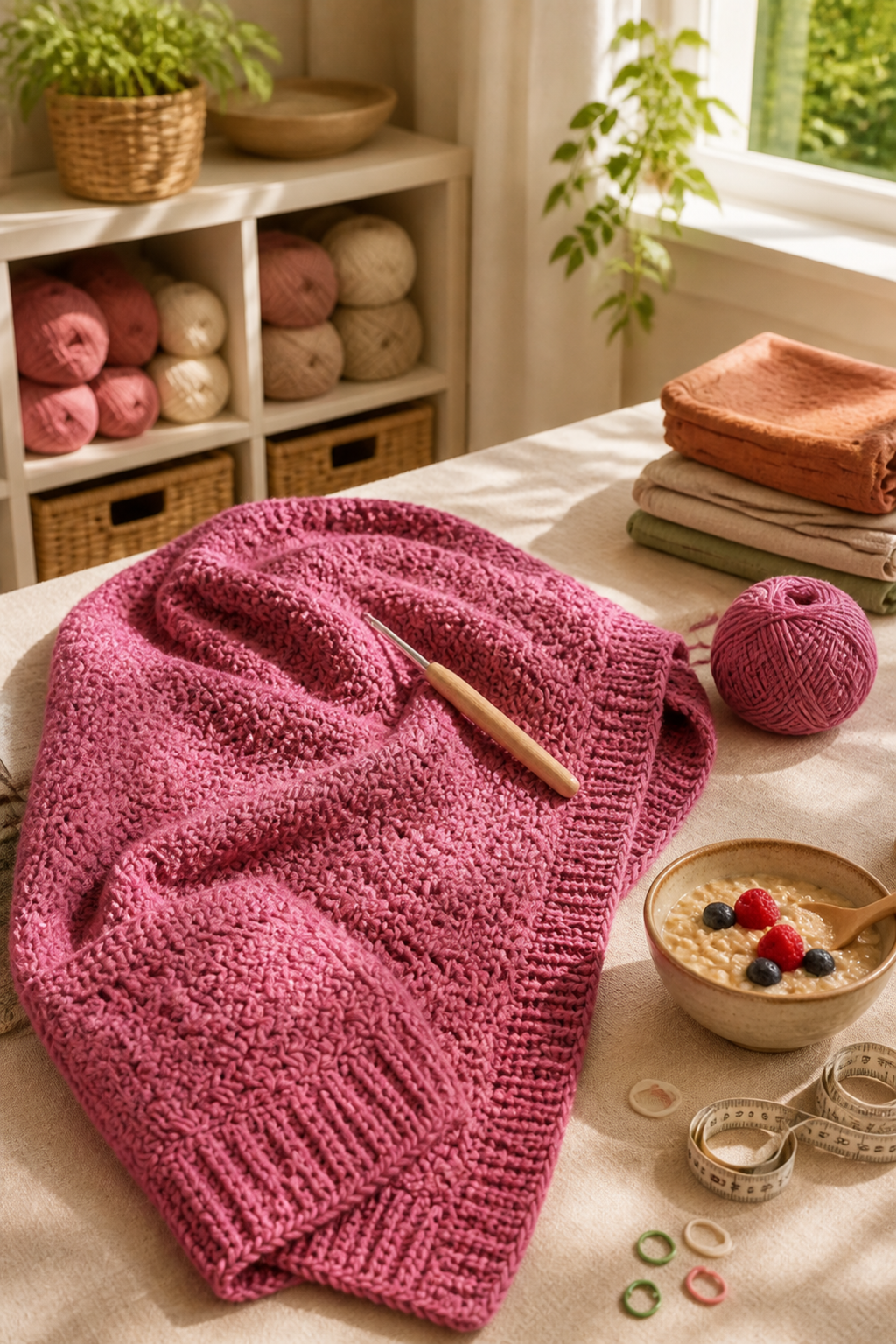 crochet long cardigan pattern: yarn and hook planning in an original editorial composition