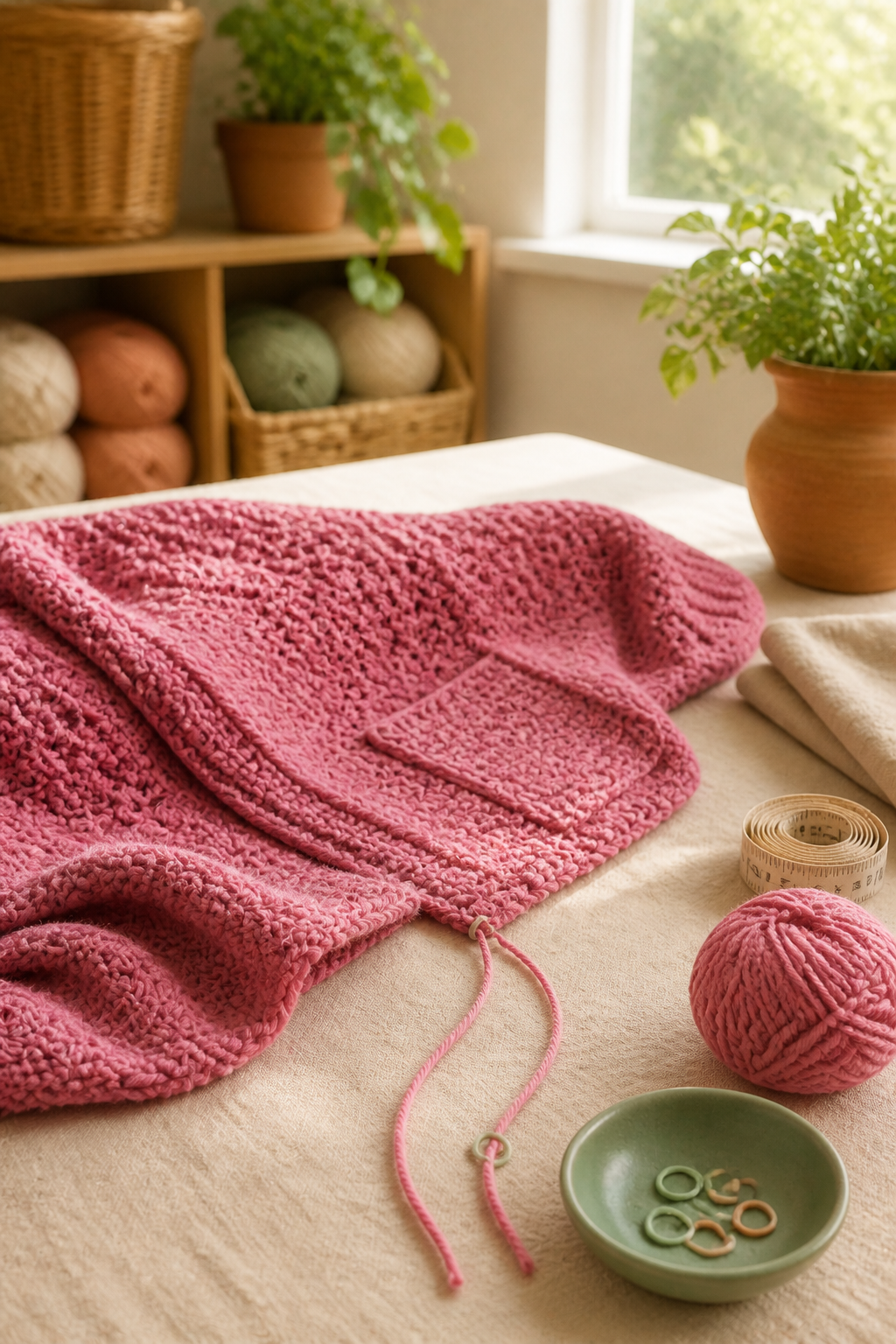 crochet long cardigan pattern: joining new skeins cleanly in an original editorial composition