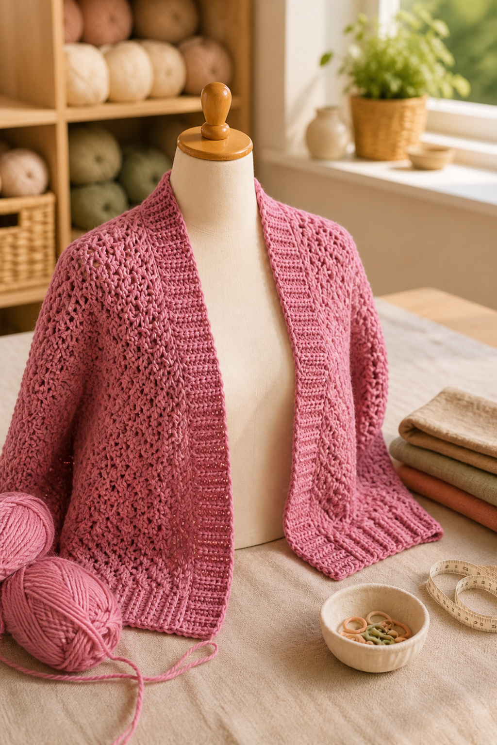 crochet long cardigan pattern: gauge before full construction in an original editorial composition