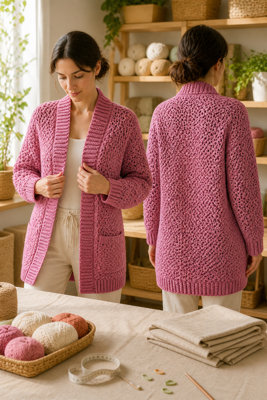 crochet long cardigan pattern: front and back length check in an original editorial composition