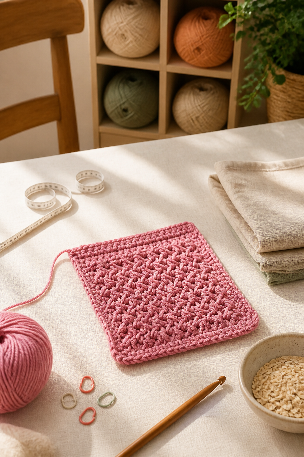 crochet long cardigan pattern: edge preparation rows in an original editorial composition